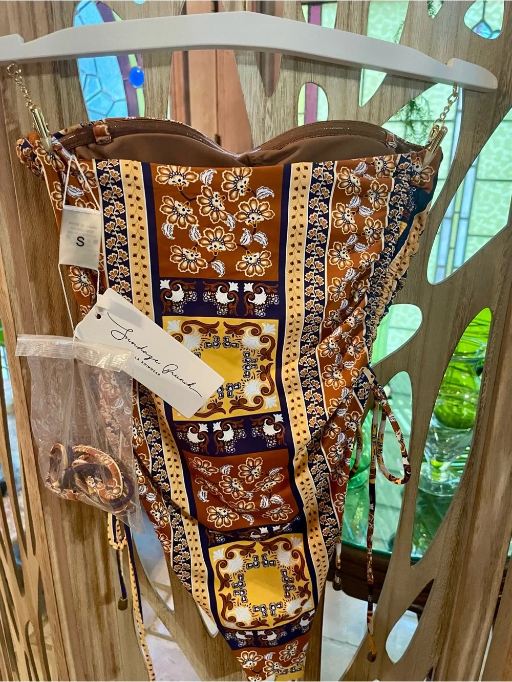 Women’s One-Piece Swimsuit in Brown & Yellow Tile Print